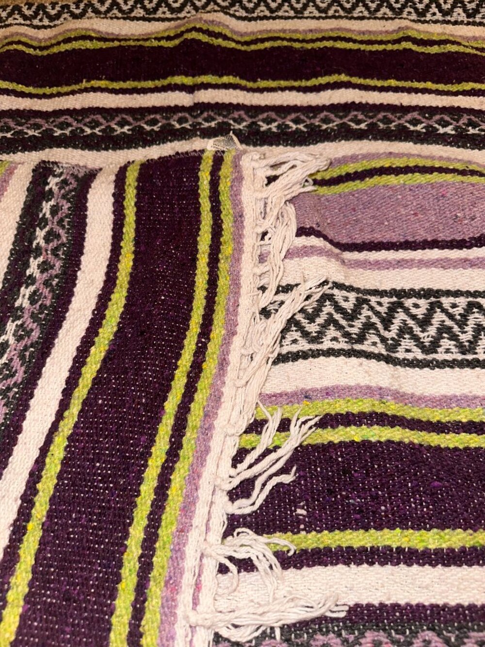 VINTAGE MEXICAN WOVEN BLANKET purple, white, lime LARGE 45" x 66" Falsa